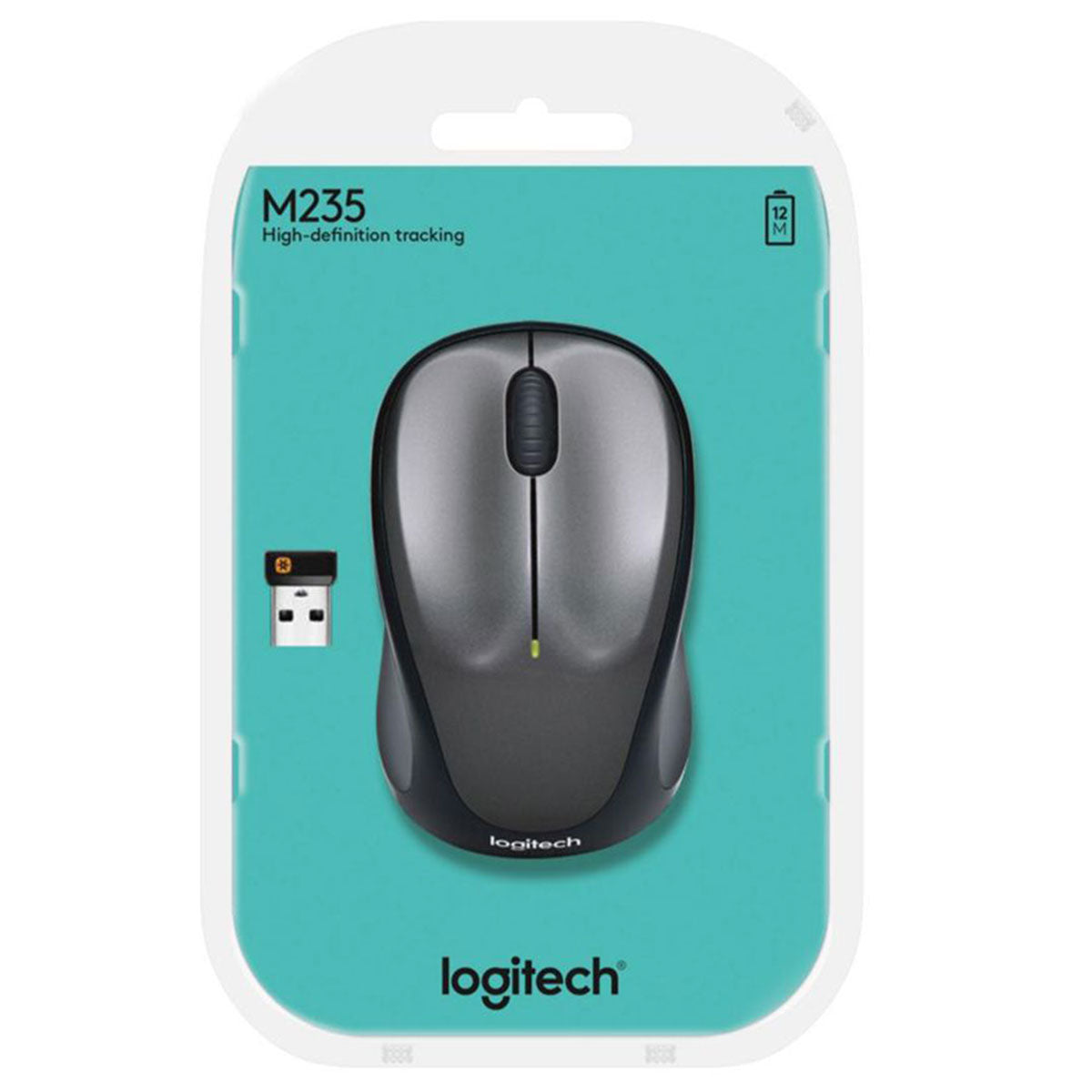 Packaged Logitech M235 wireless mouse with USB unifying receiver displayed in a blister pack.